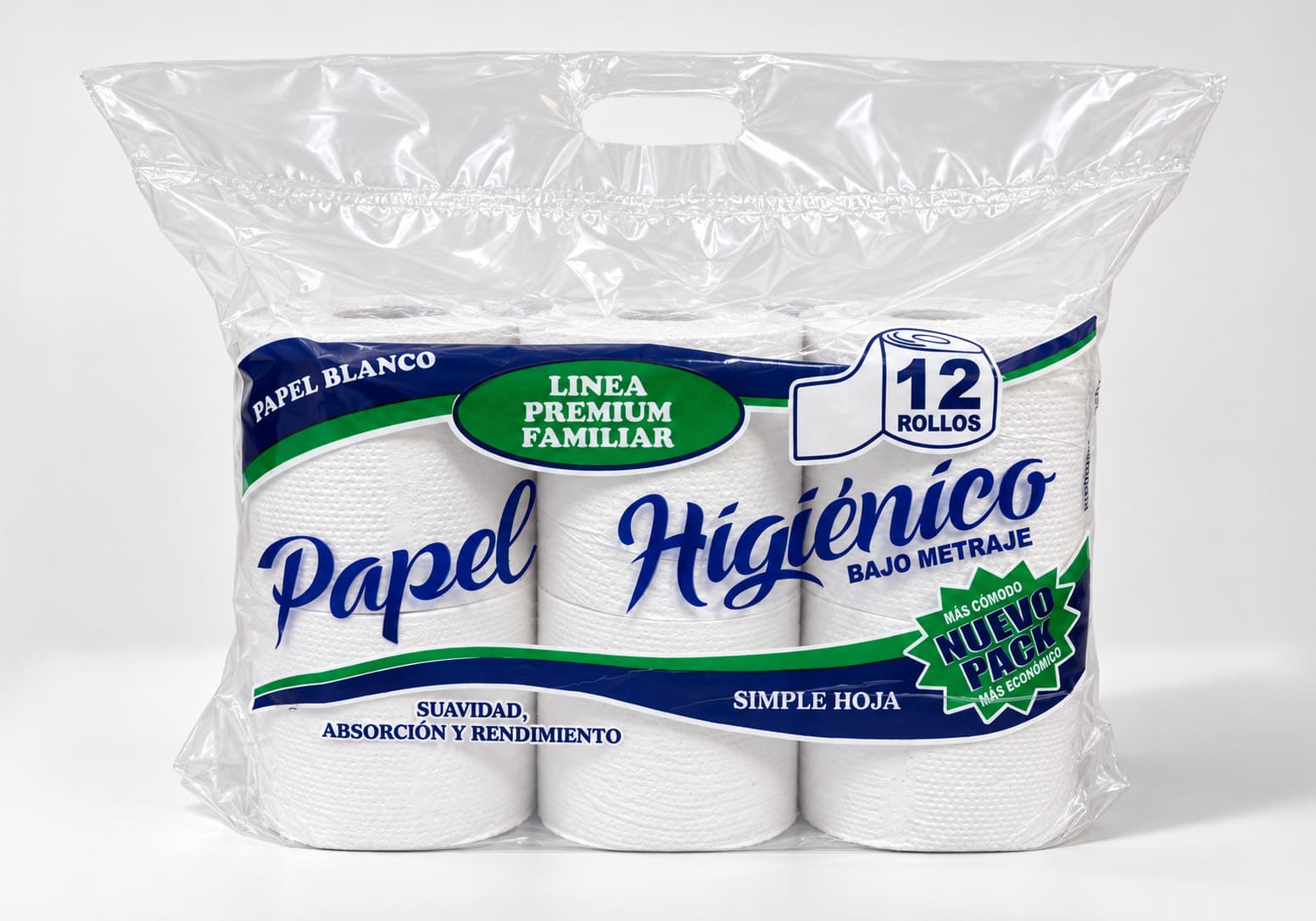 Papel higiénico familiar de 12 rollos con agarre y envase azul