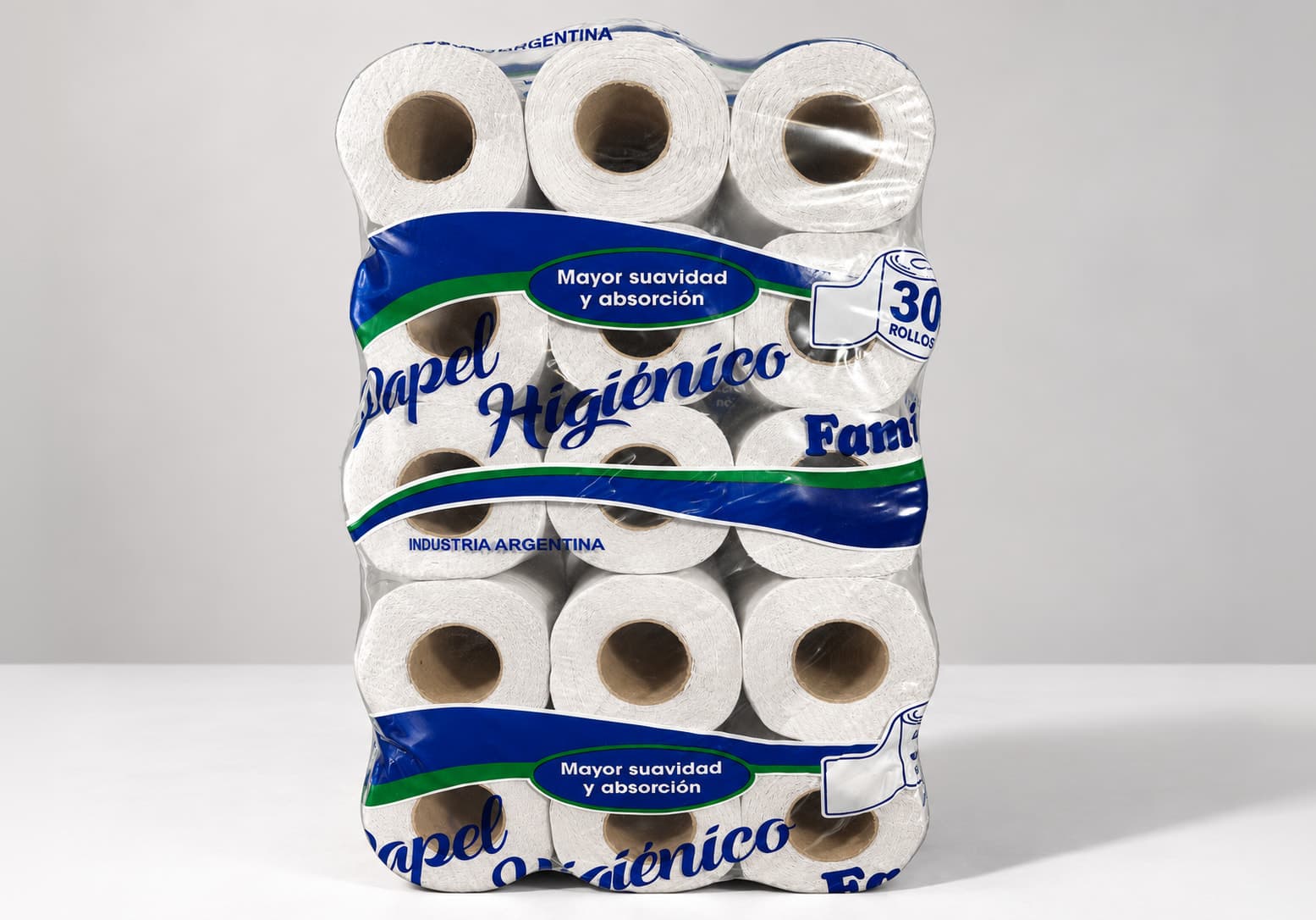 Papel higiénico familiar de 30 rollos con envase azul